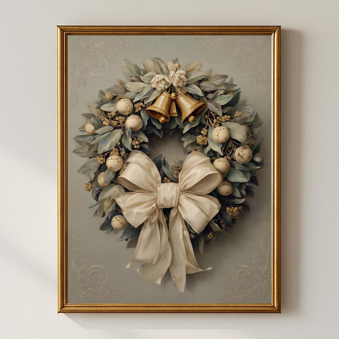 Elegant Neutral Christmas Wreath With Bells And Bow Wall Art