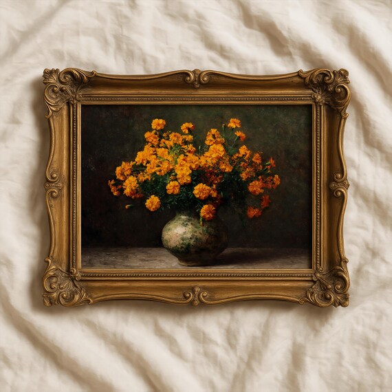 Golden Marigold Bouquet In Vase Vintage Oil Still Life Floral Poster