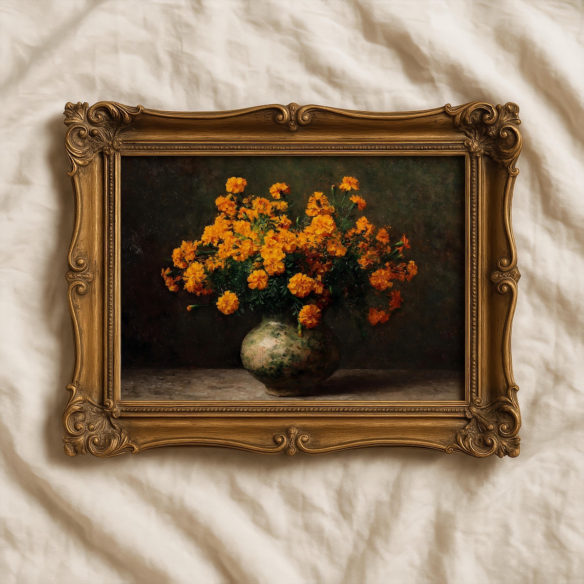 Golden Marigold Bouquet In Vase Vintage Oil Still Life Floral Poster