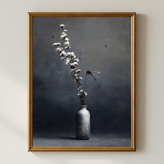 Moody Floral With Dragonfly Wall Art Minimalist White Flowers In Vase Dark Elegant Oil Painting Modern Botanical Home Dcor