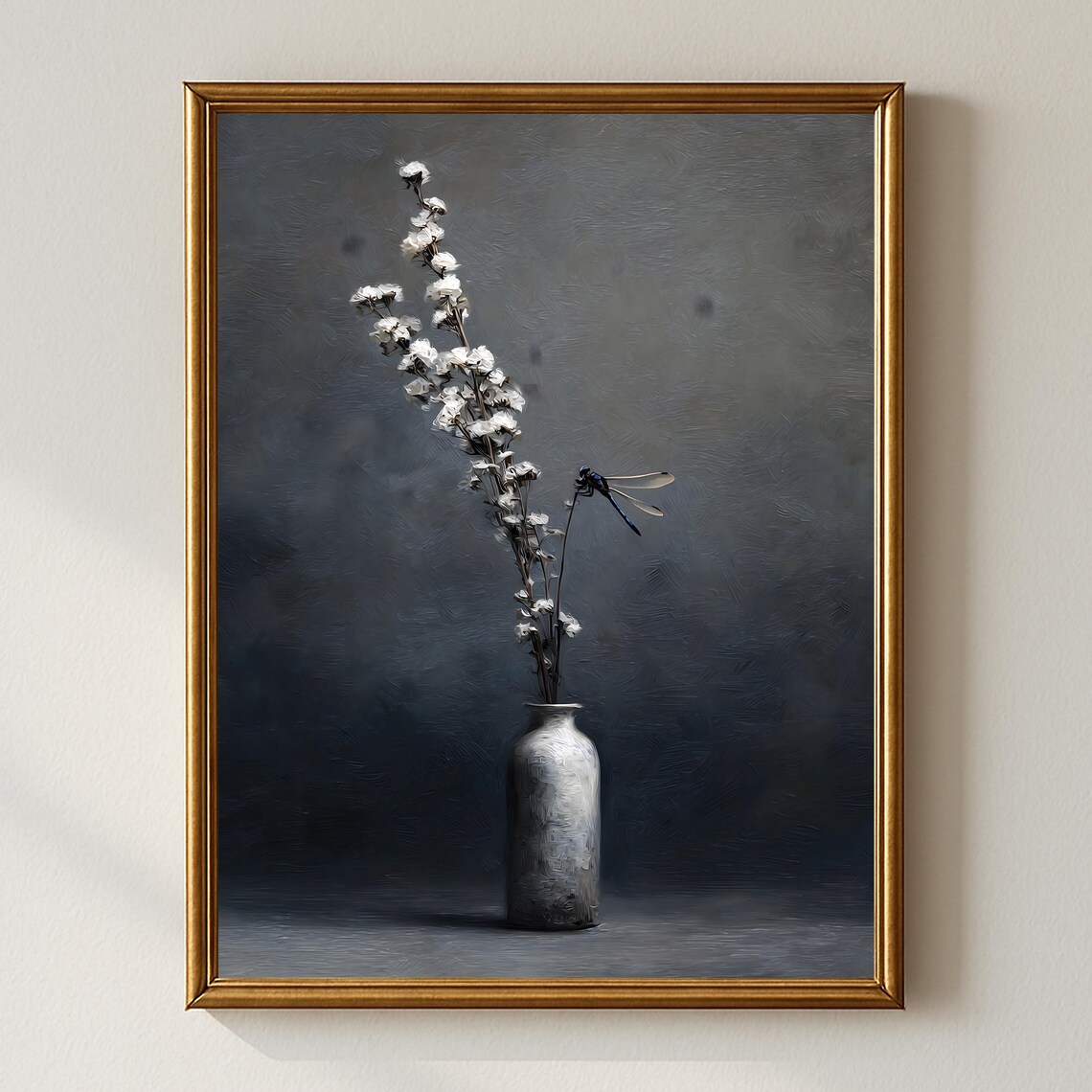 White Flowers In Vase With Dragonfly Dark Minimalist Floral Poster