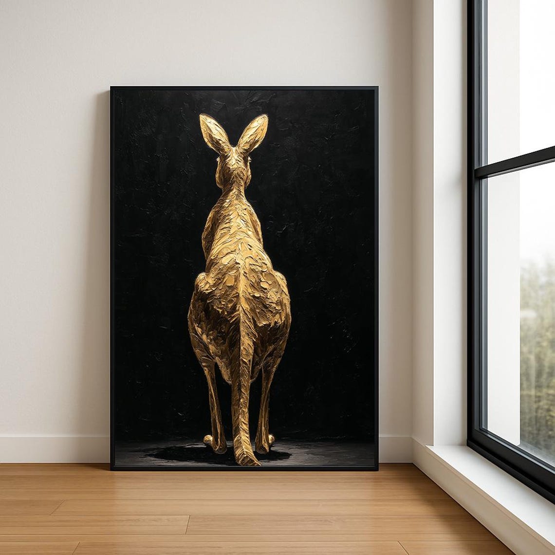 Golden Kangaroo Walking Away Textured Oil Painting Black Poster Art