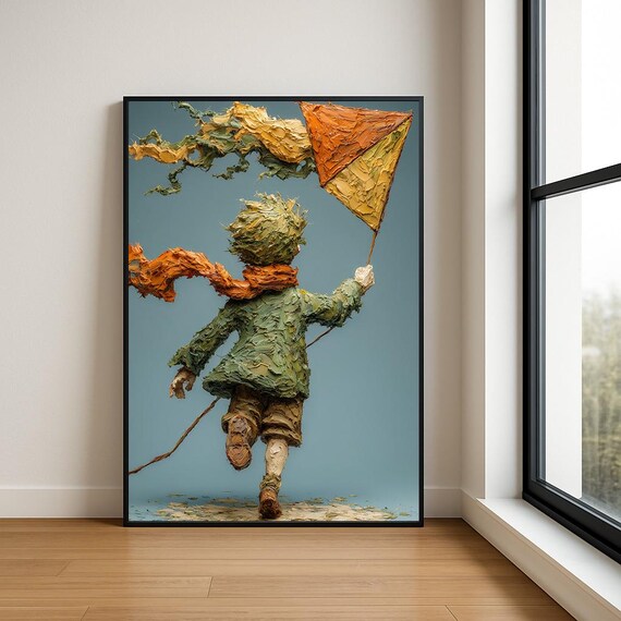 Running Boy With Orange Kite Green Coat Teal Sky Impasto Art Poster