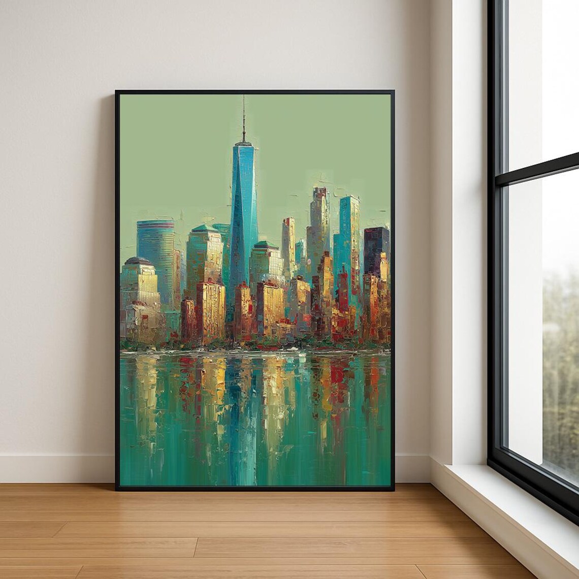 New York City Skyline One World Trade Center Teal Oil Painting Poster