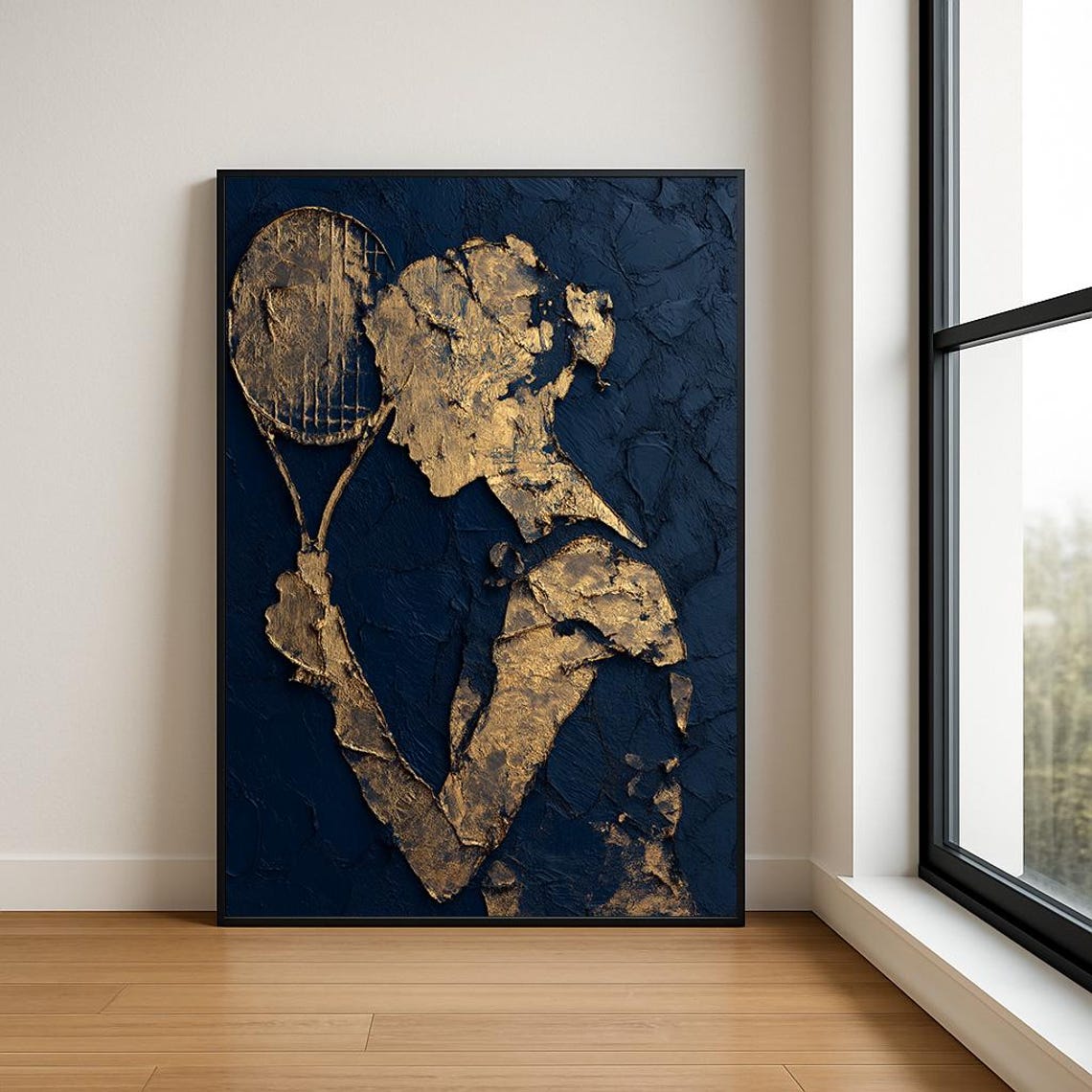 Gold Tennis Player Silhouette Navy Blue Textured Sports Wall Art