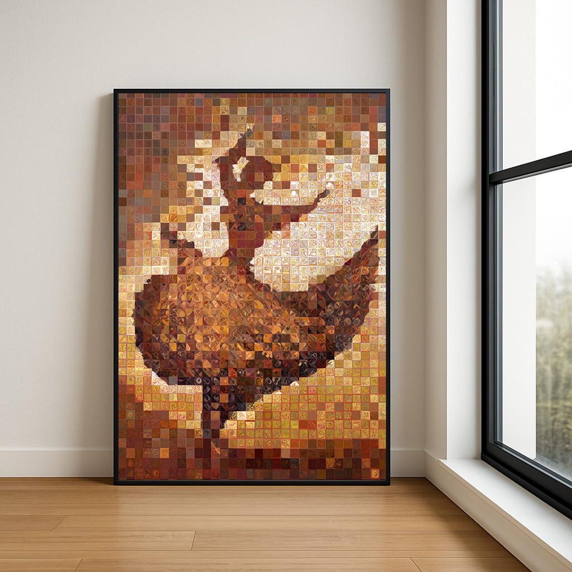 Glowing Mosaic Ballerina Dancer in Amber Tile Pixel Artwork Poster