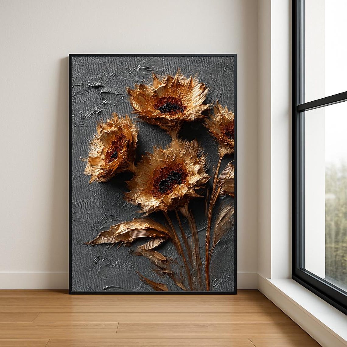 Bronze Gold Sunflowers Dark Grey Textured Impasto Floral Oil Poster