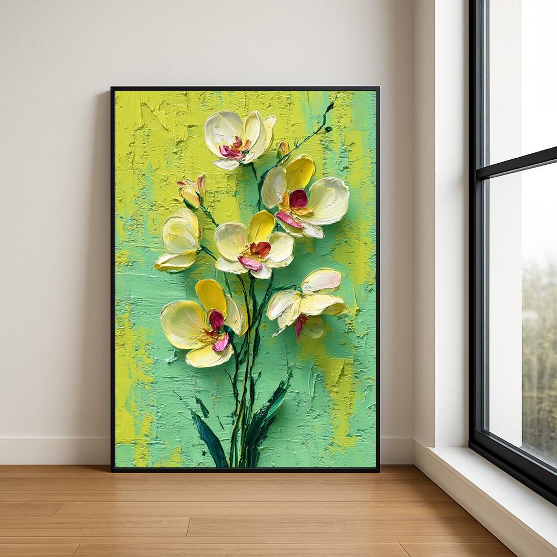 Yellow Orchids on Lime Green Impasto Textured Oil Painting Poster