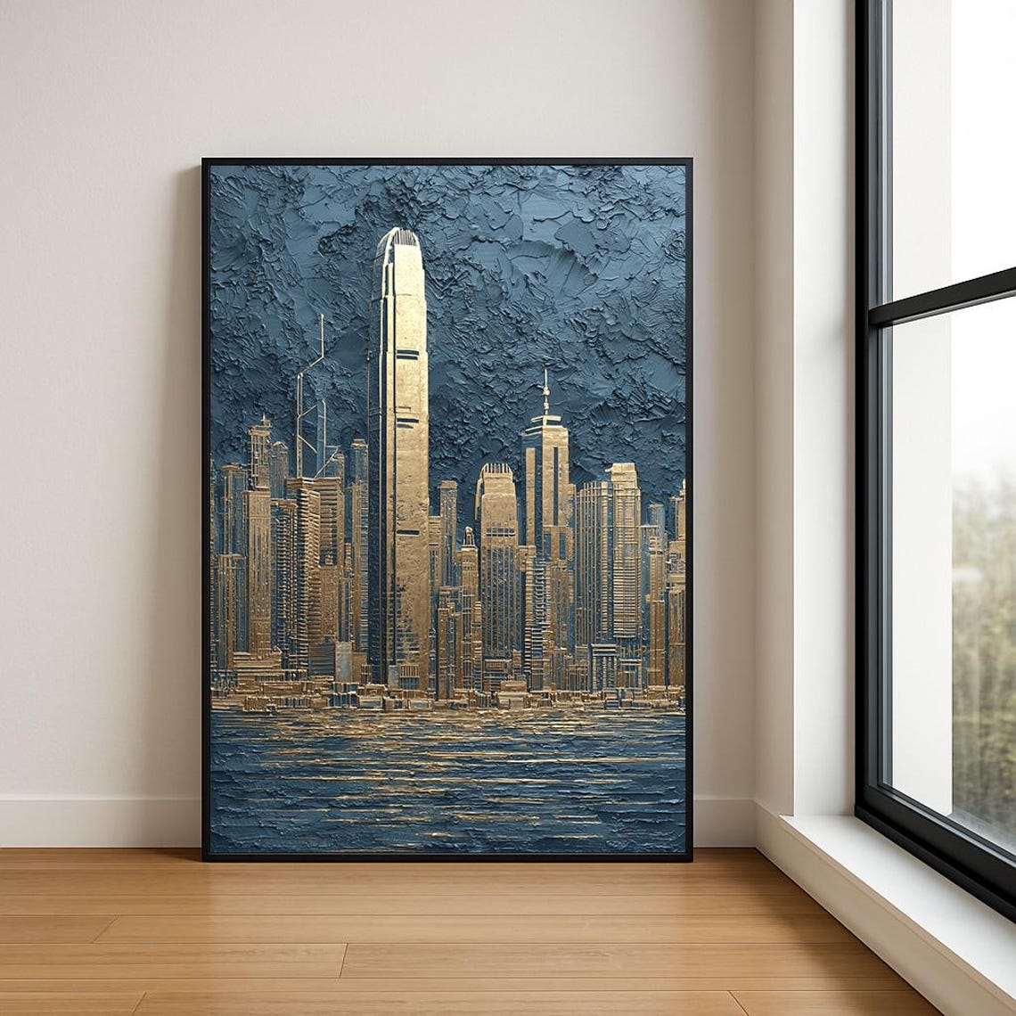 Hong Kong Golden Skyline Oil Poster On Deep Navy With Impasto Texture