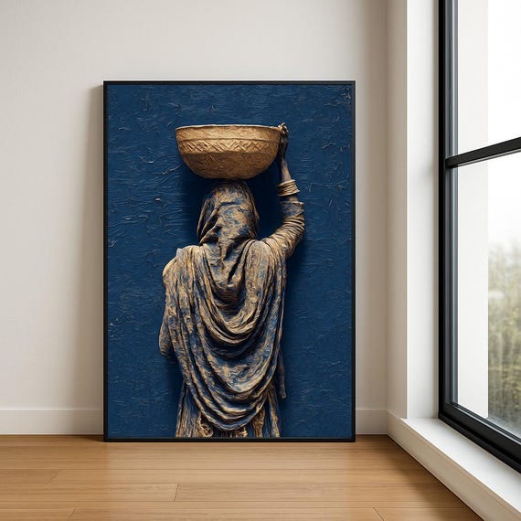 Traditional South Asian Woman Wall Oil Painting Luxury Textured Village Lady Decor