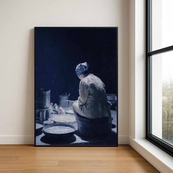 Woman Cooking at Night Moody Blue Monochrome Kitchen Oil Painting Poster