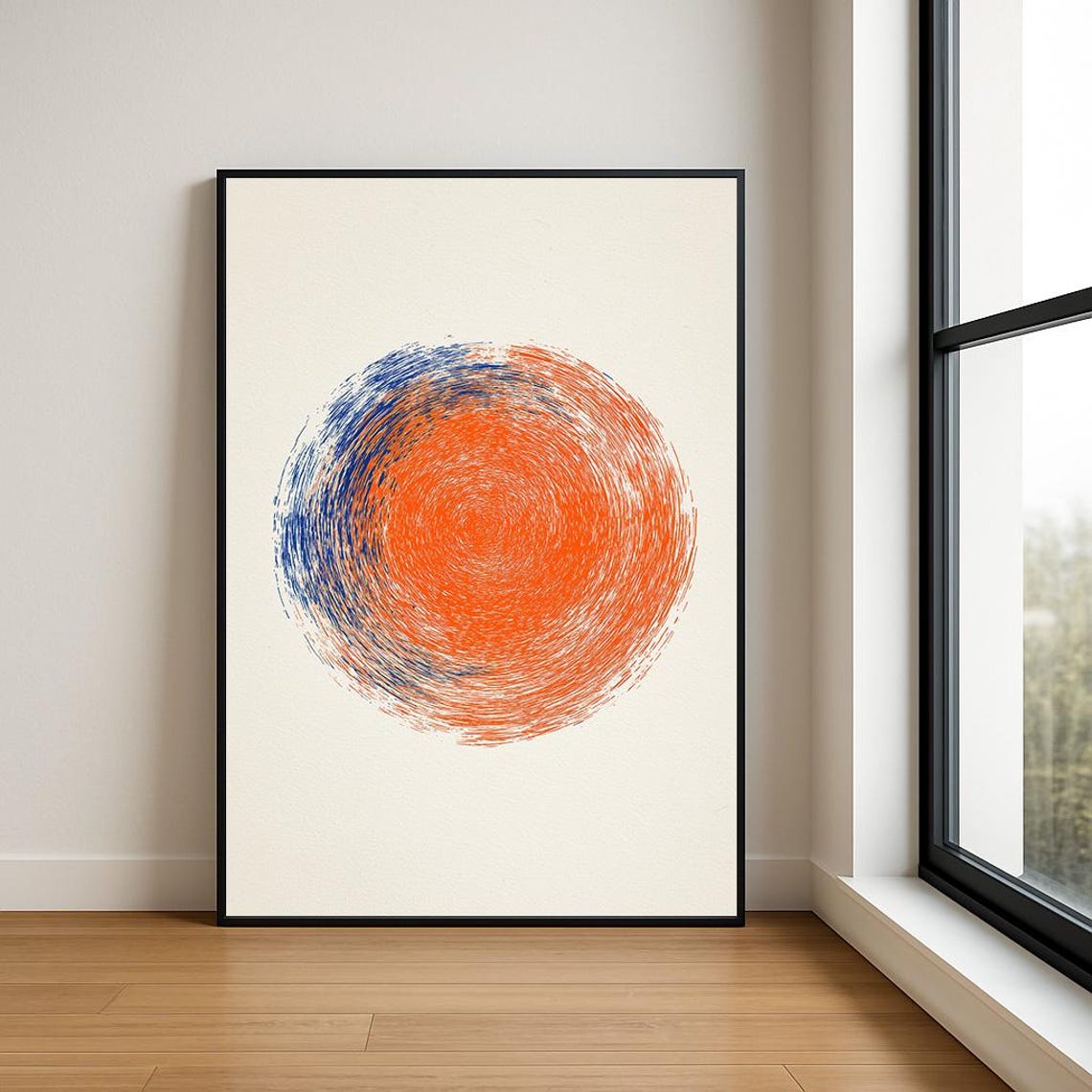 Orange Scribble Circle Blue Rim Minimalist Modern Abstract Poster