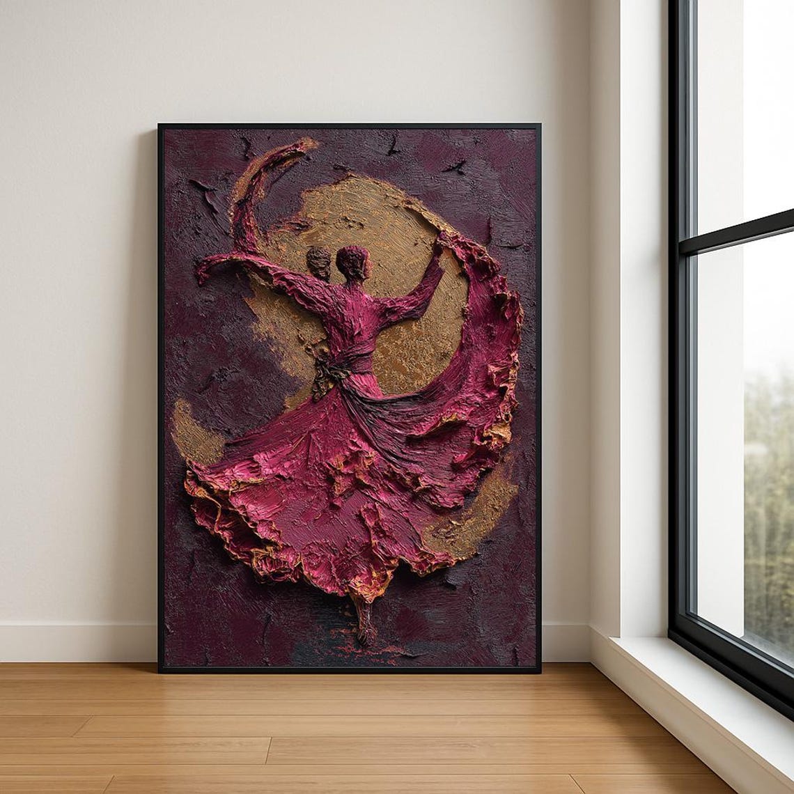 Dancing Lovers Golden Moon Magenta Relief Romantic Dance Art Poster