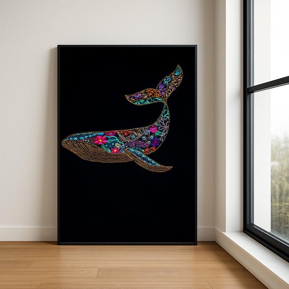 Colourful Embroidered Animal Wall Art Boho Illustration Print Vibrant Textile Style Home Decor