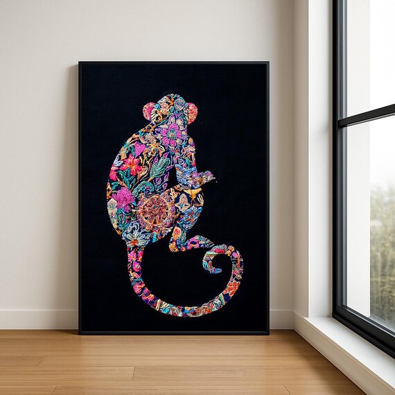 Colourful Embroidered Animal Wall Art Boho Illustration Print Vibrant Textile Style Home Decor