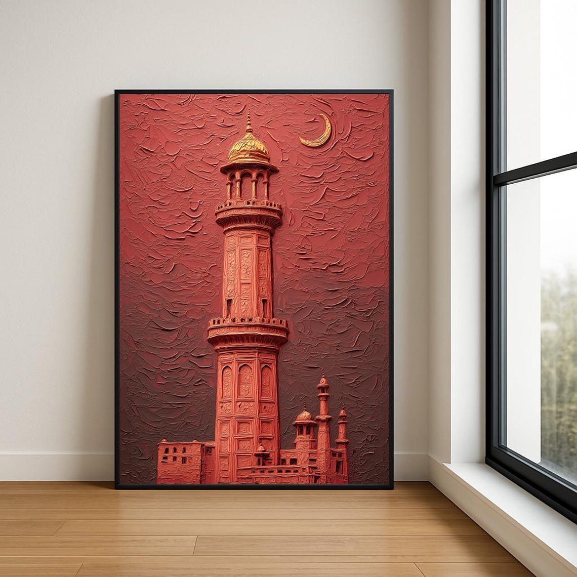 Red Impasto Minaret Gold Dome Crescent Moon Night Art Poster