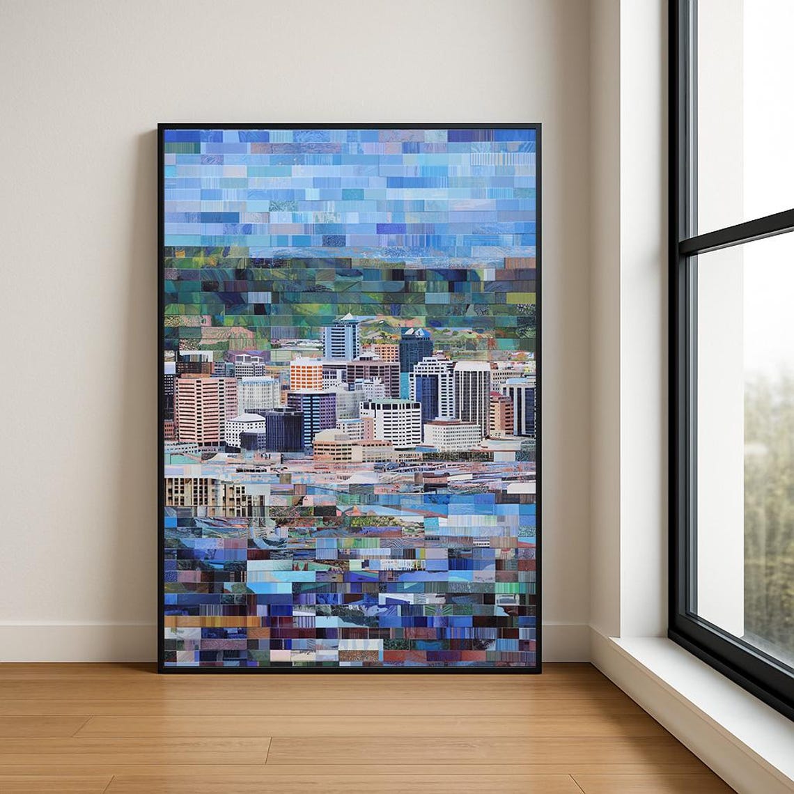 Modern City Skyline Mosaic Tile Abstract Blue Panorama Poster