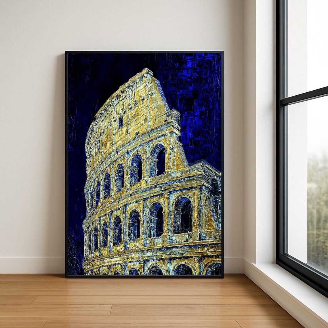 Rome Colosseum Gold on Blue Night Impasto Oil Painting Poster