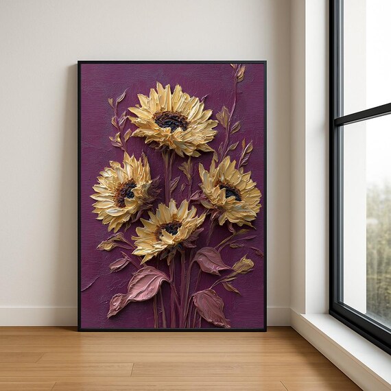 Golden Sunflowers on Deep Plum Textured Impasto Floral Poster