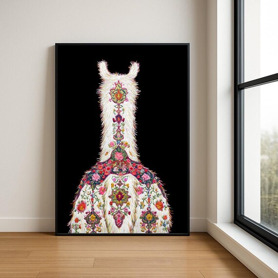 Colourful Embroidered Animal Wall Art Boho Illustration Print Vibrant Textile Style Home Decor