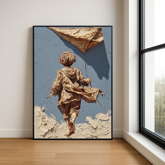Boy with Kite in Beige Paper 3D Relief Sculpted Style Poster