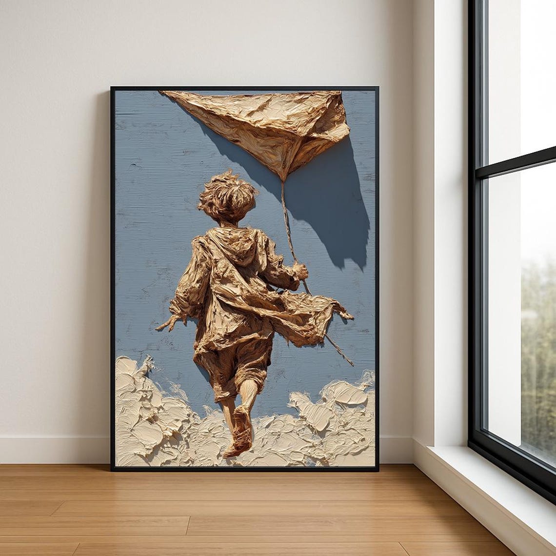 Boy with Kite in Beige Paper 3D Relief Sculpted Style Poster