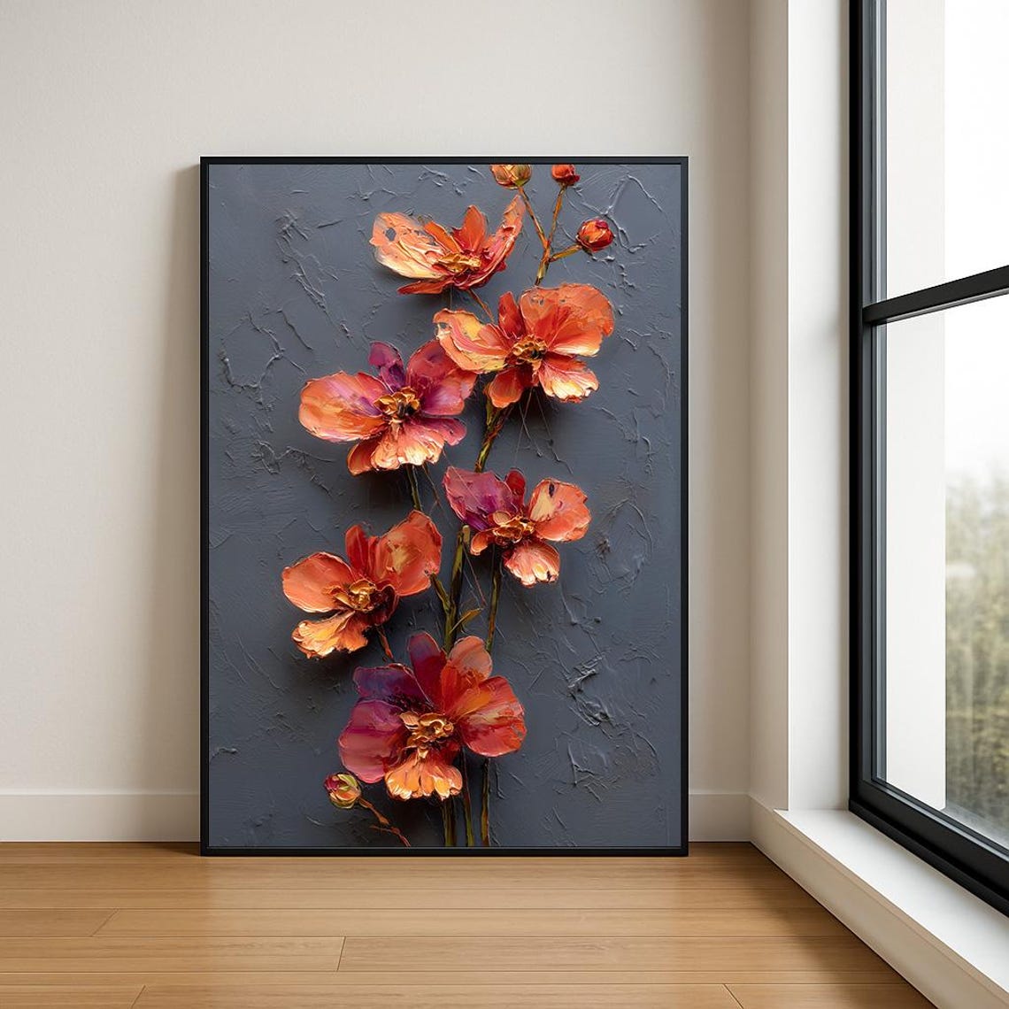 Orange Coral Blossoms Dark Grey Impasto Floral Oil Painting Poster