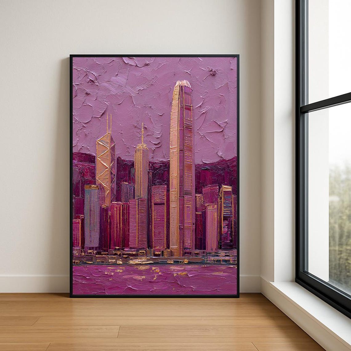 Hong Kong Magenta Skyline Oil Painting Gold Towers Dramatic Poster