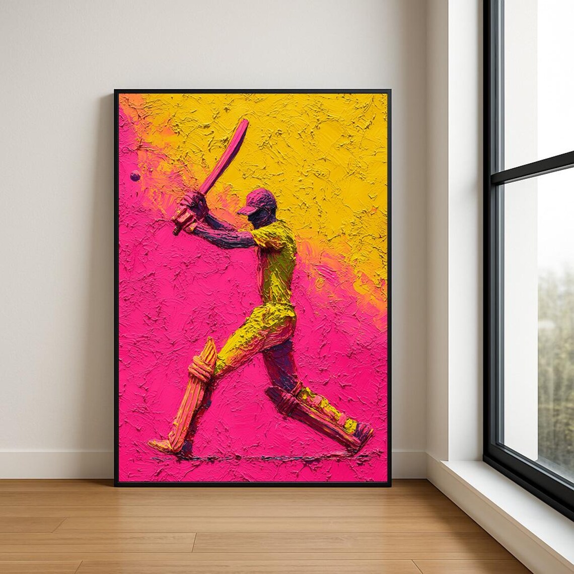 Cricket Batsman Neon Pink Impasto Sports Oil Painting Poster