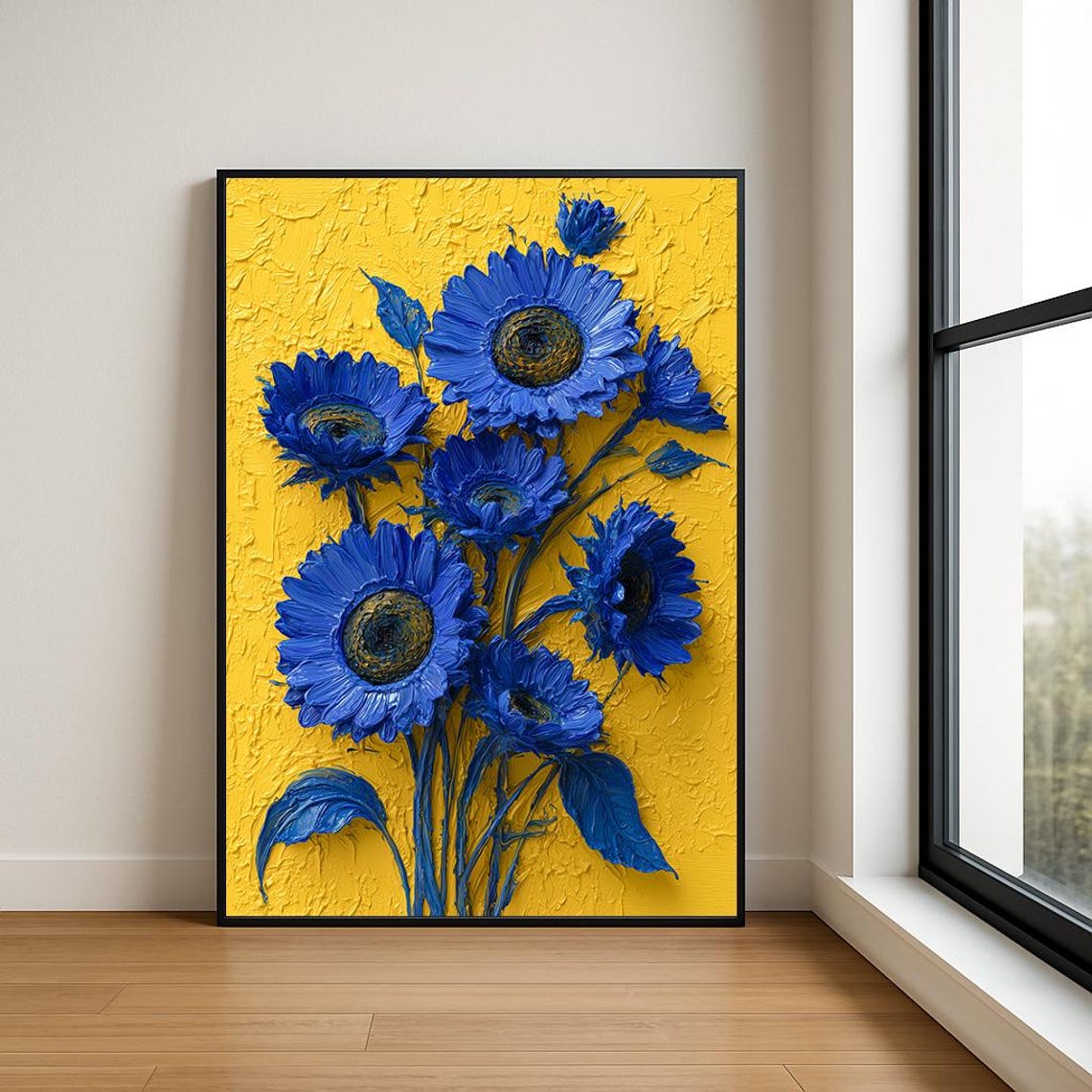 Blue Sunflowers on Yellow Textured Impasto Oil Painting Poster