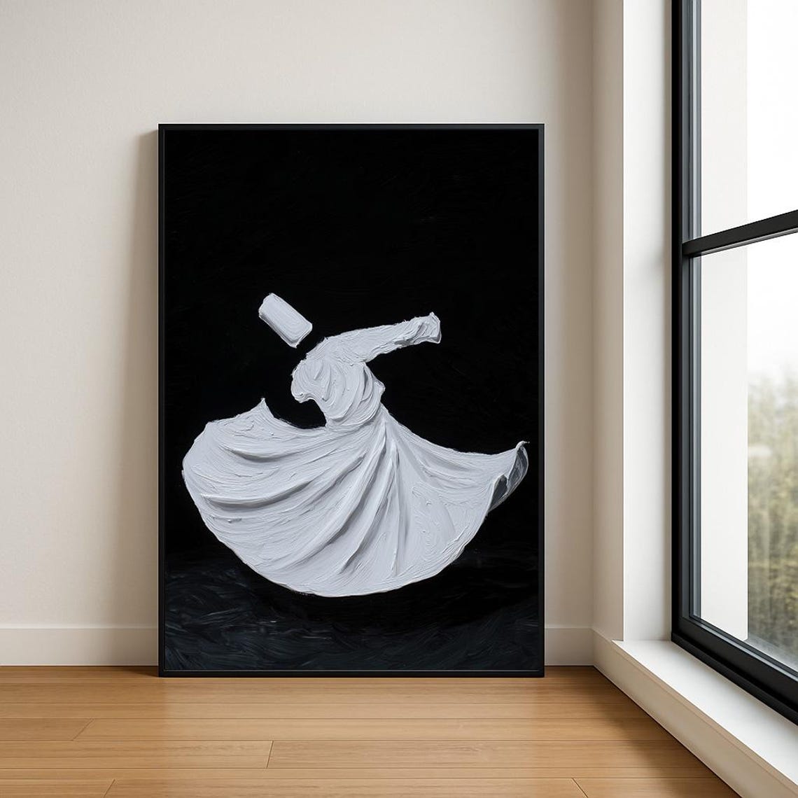Whirling Dervish White on Black Impasto Oil Painting Wall Art