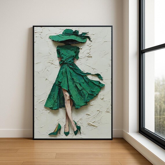 Elegant Lady in Green Dress on White Textured Fashion Art Poster