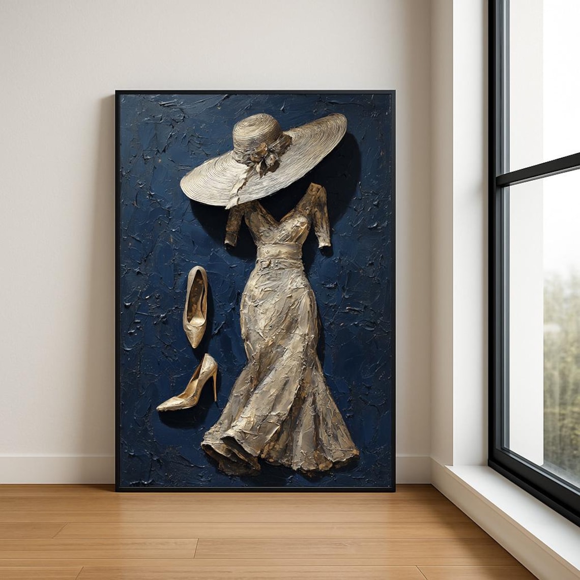 Elegant Lady Champagne Gold Gown Navy Textured Fashion Art Poster