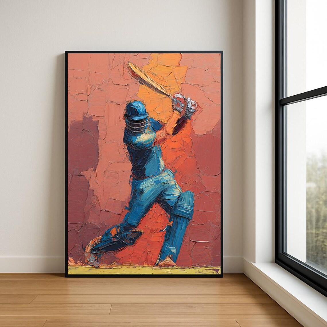 Cricket Batsman Action Oil Painting Orange Impasto Sports Art Poster