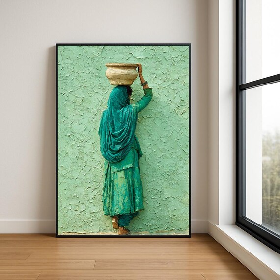 Woman In Teal Dress Balancing Bowl Textured Oil Painting Poster