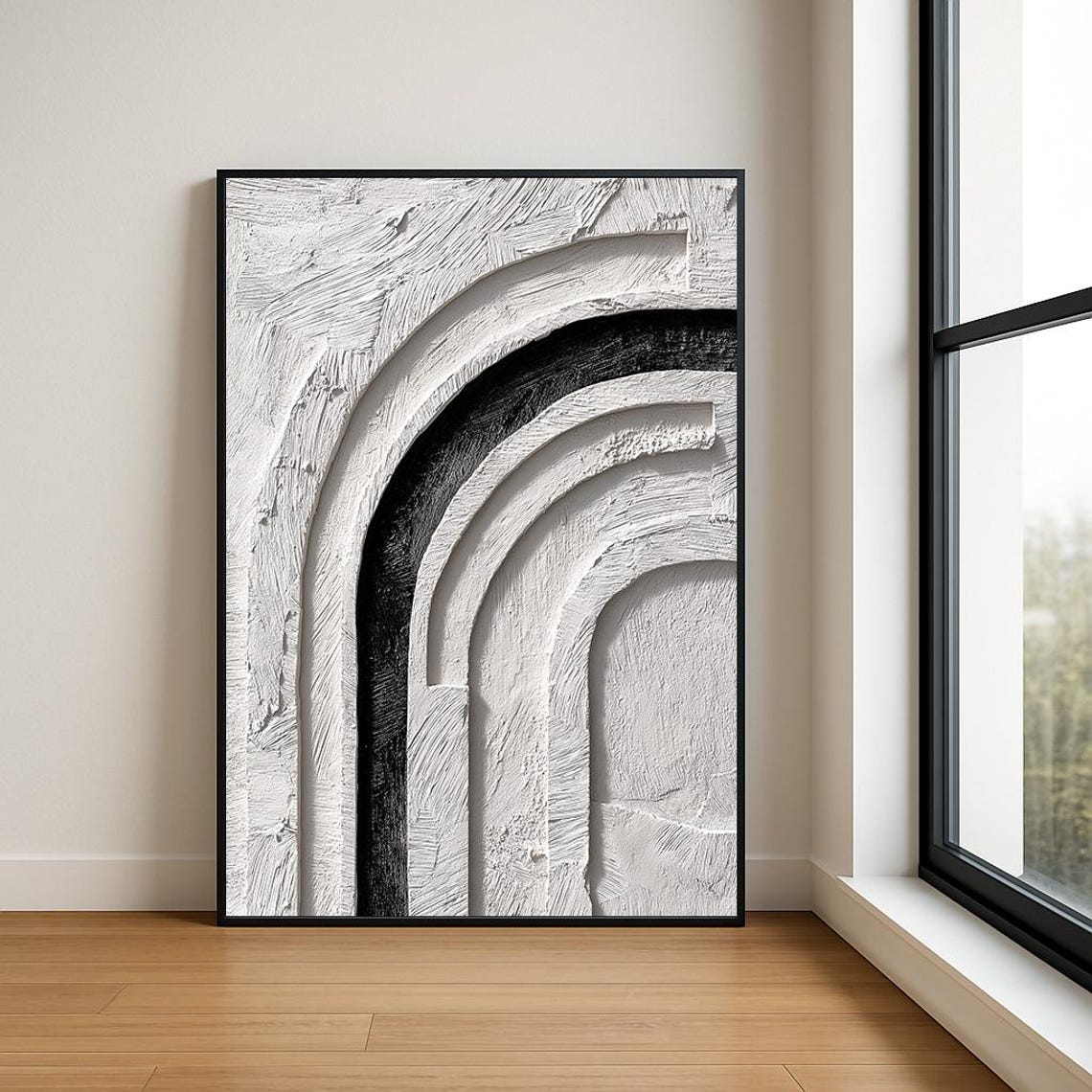 White Layered Arch Abstract Black Arc Textured Plaster Modern Wall Art