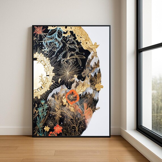 Golden Celestial Sun Black Botanical Abstract Gilded Modern Art Poster