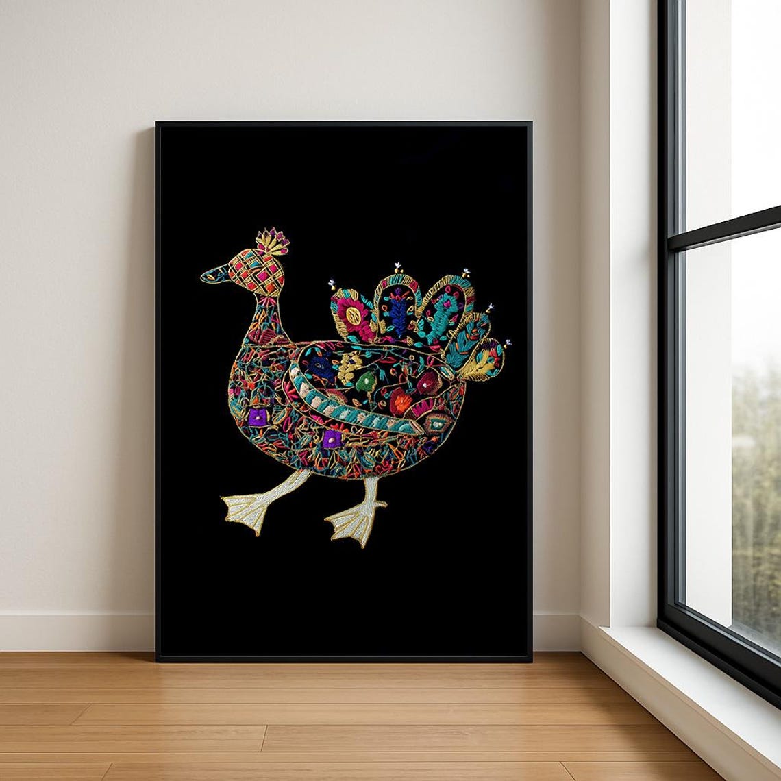Embroidered Duck Ornate Colorful Patterned Folk Black Art Poster