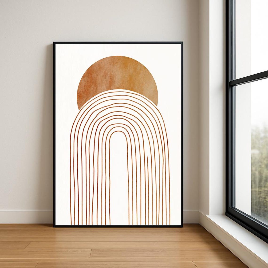 Golden Sun Behind Rust Line Arch Poster in Warm Japandi Style