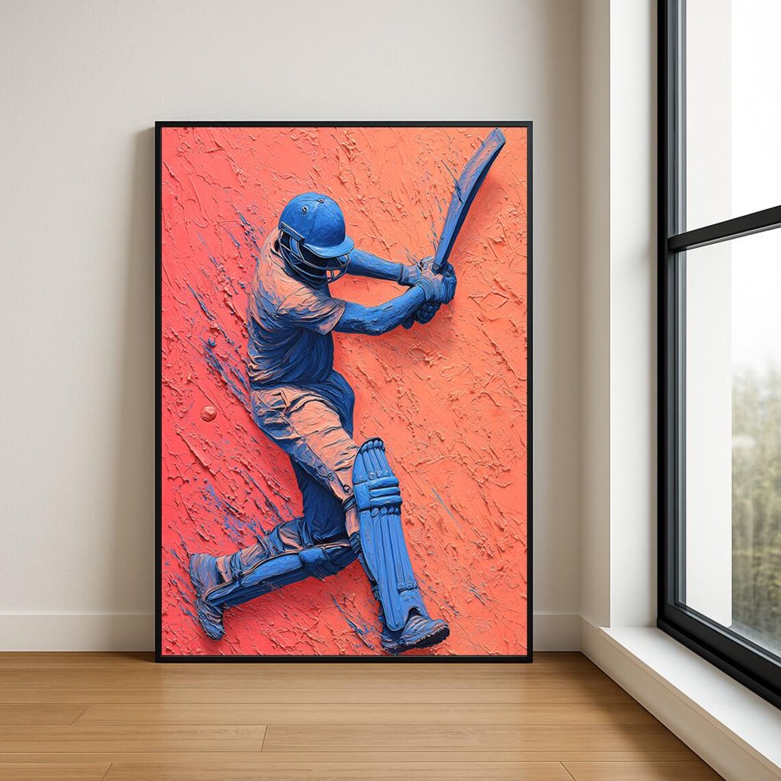 Cricket Batsman Blue Coral Impasto Sports Oil Painting Poster