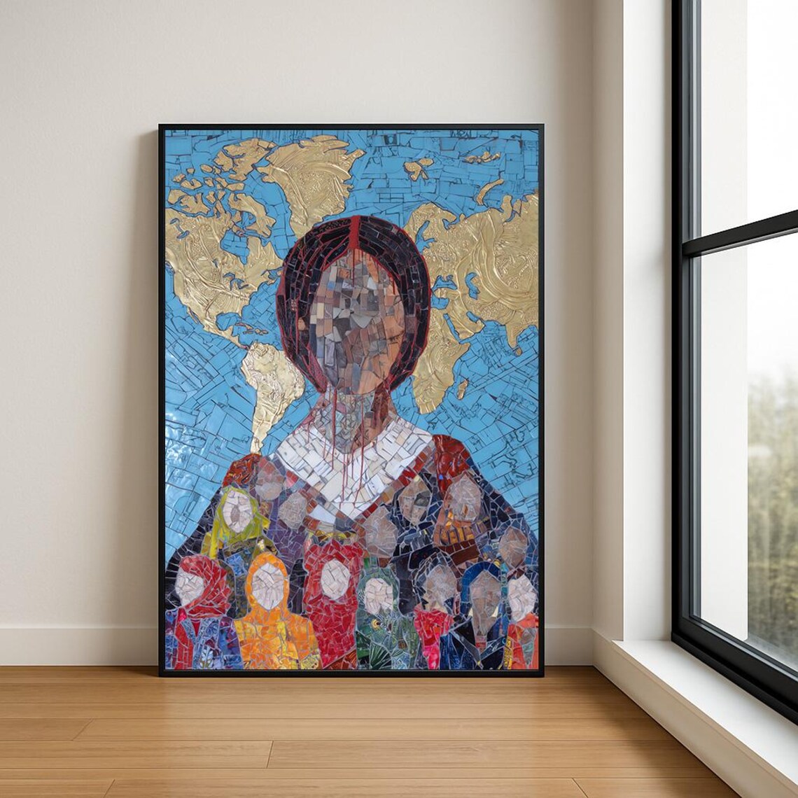 Mosaic People World Map Art Print Global Unity Home Decor