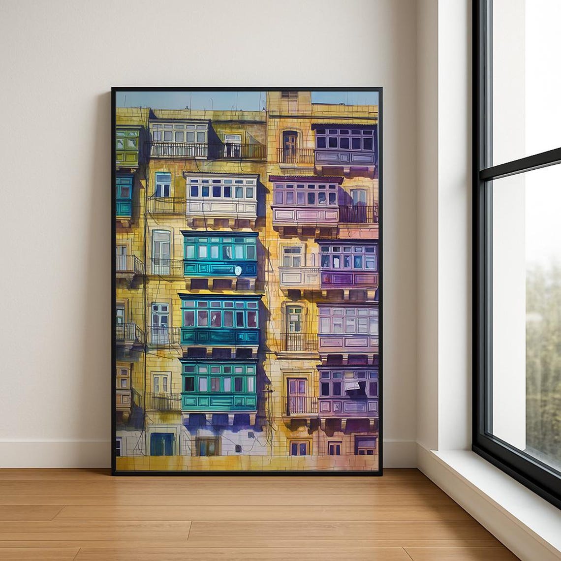 Colorful Blue Old Town Watercolor Mediterranean Alley Wall Art