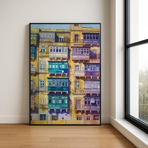 Colorful Blue Old Town Watercolor Mediterranean Alley Wall Art