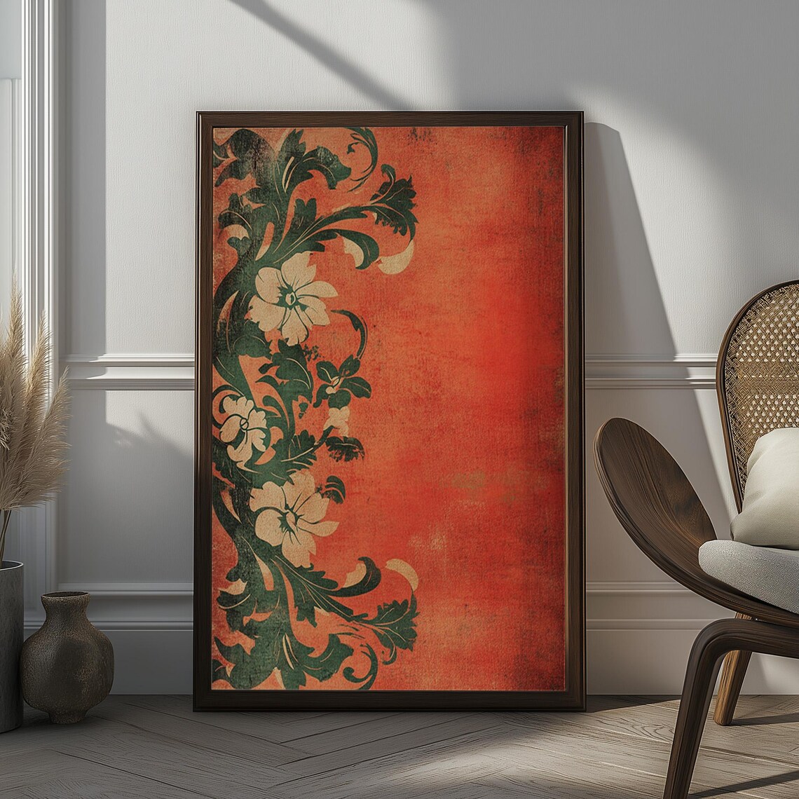 Vintage Floral Vine Ornament on Warm Red Classic Antique Art Poster