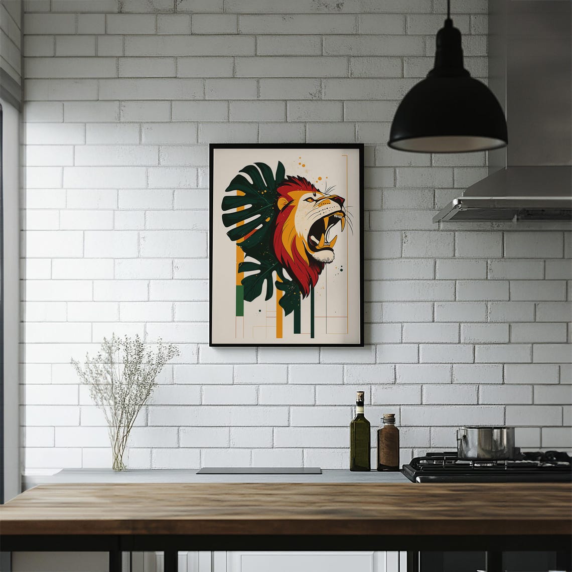 Roaring Lion Head With Monstera Leaves Tropical Modern Wall Art - Image 6