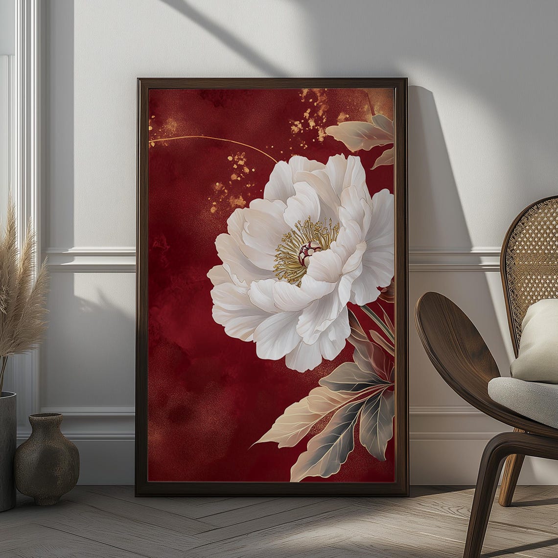 Elegant White Peony Blossom on Deep Red Floral Botanical Poster