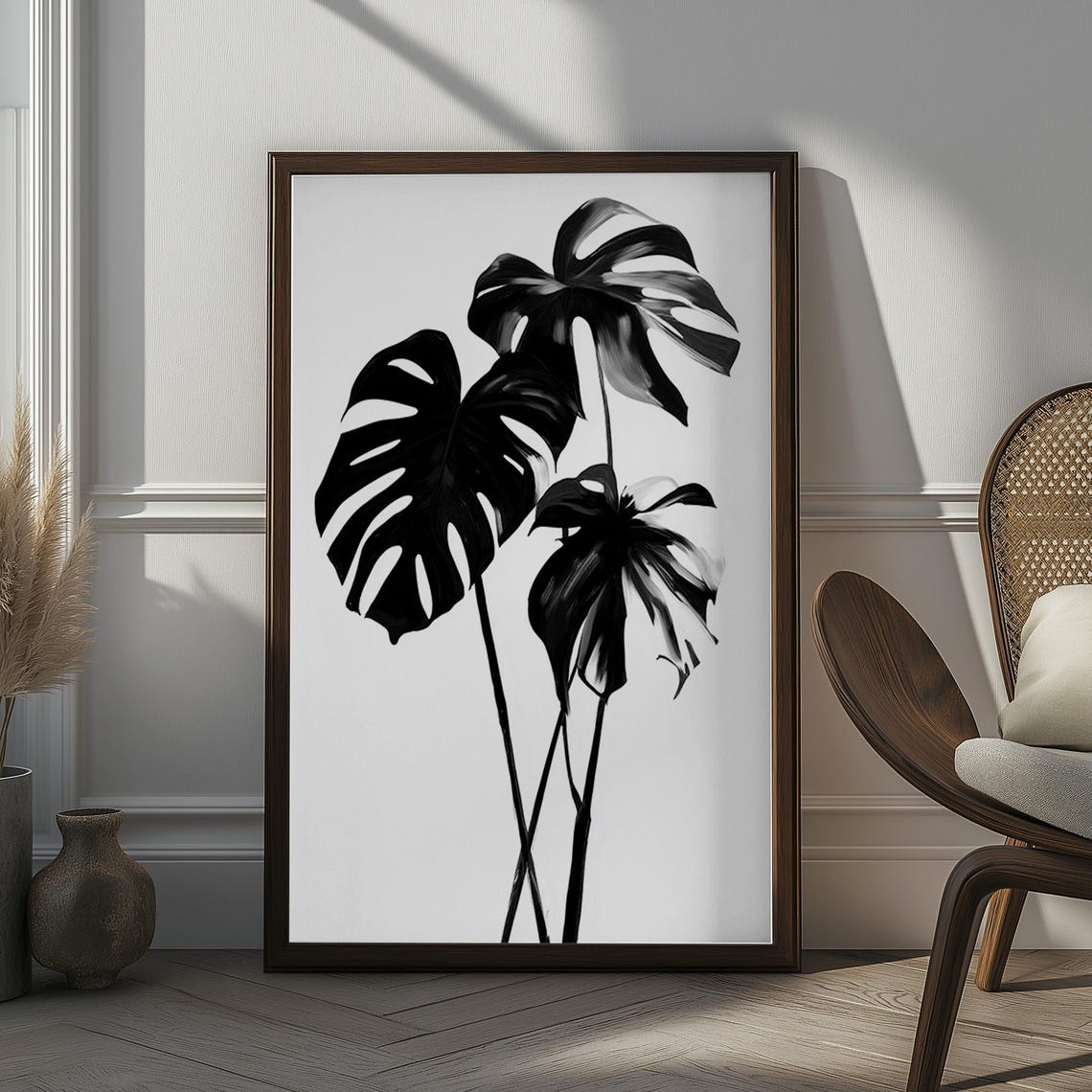 Large Monochrome Monstera Leaves Trio Minimalist Botanical Print