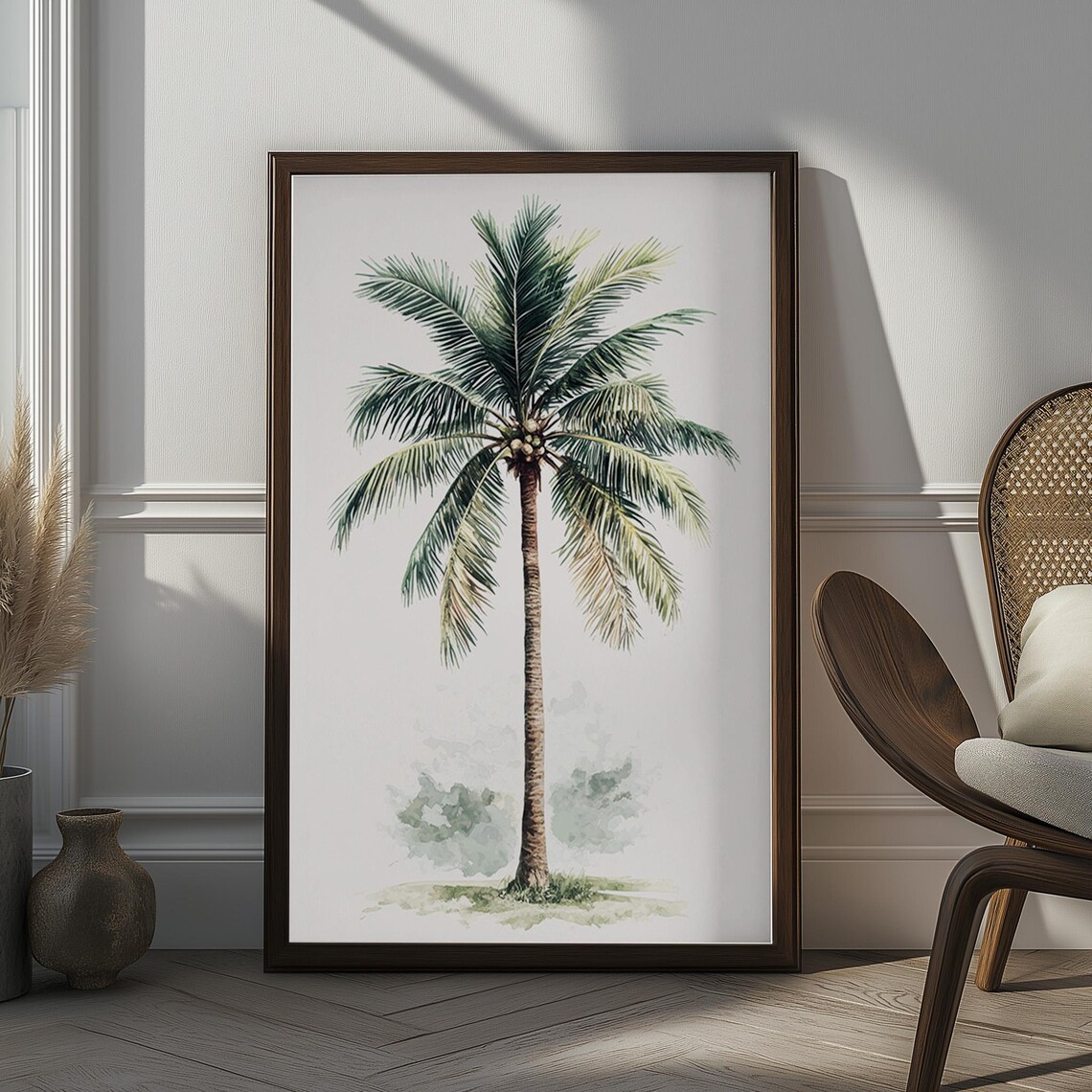 Single Coconut Palm Tree Watercolor Beach Tropical Island Poster