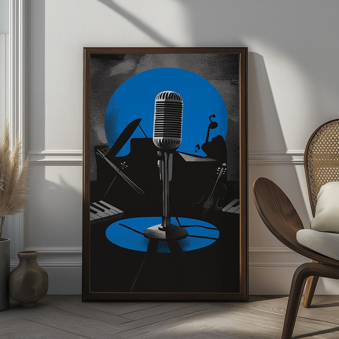 Vintage Microphone Music Instruments Blue Jazz Style Wall Art