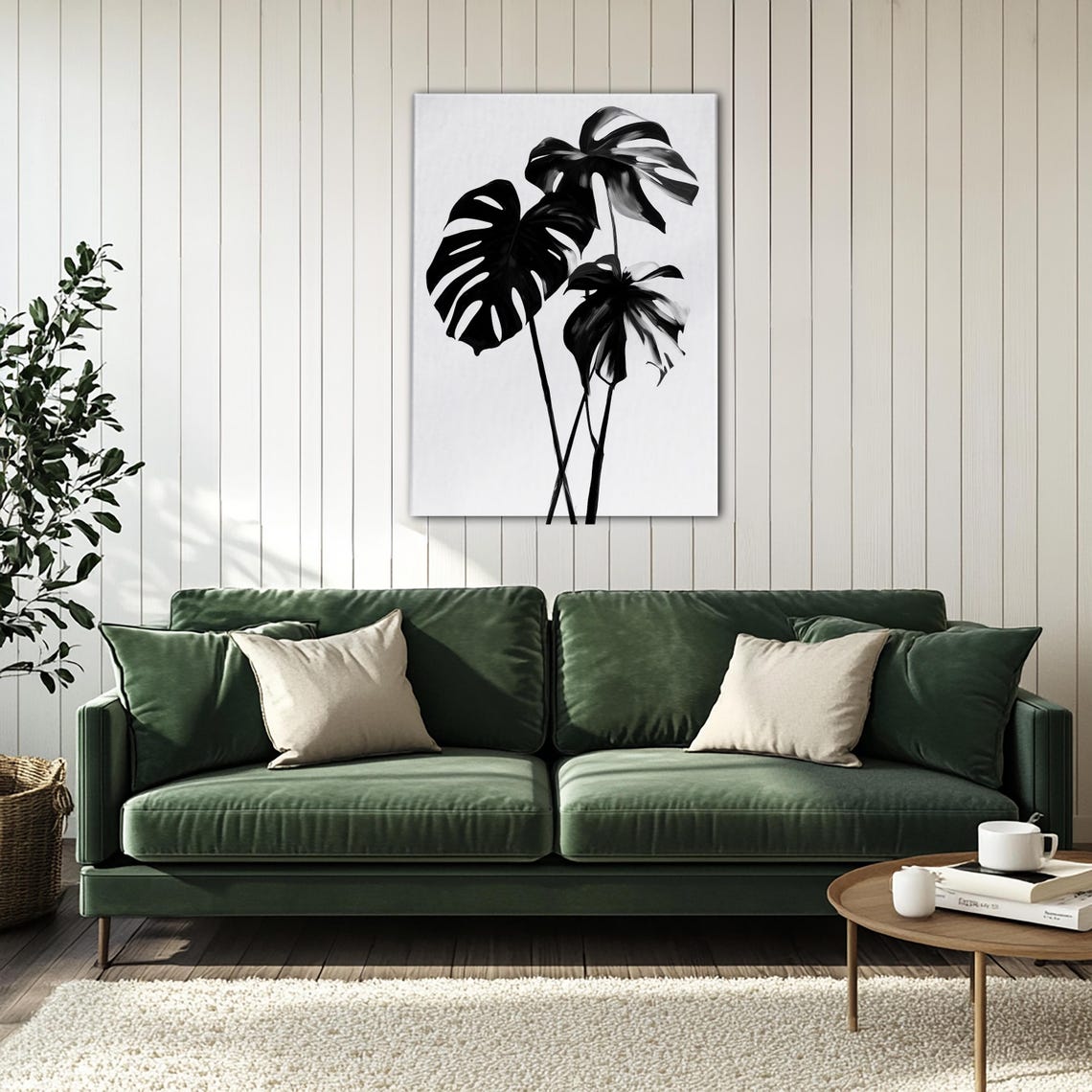 Large Monochrome Monstera Leaves Trio Minimalist Botanical Print - Image 4